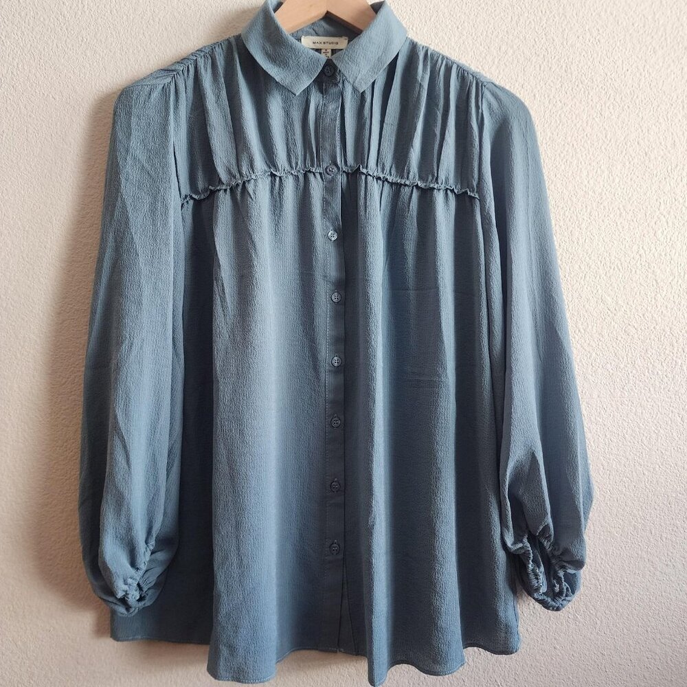 Max Studio Blouse Womens Small Long Sleeve Button Front Textured Top MBLUE011